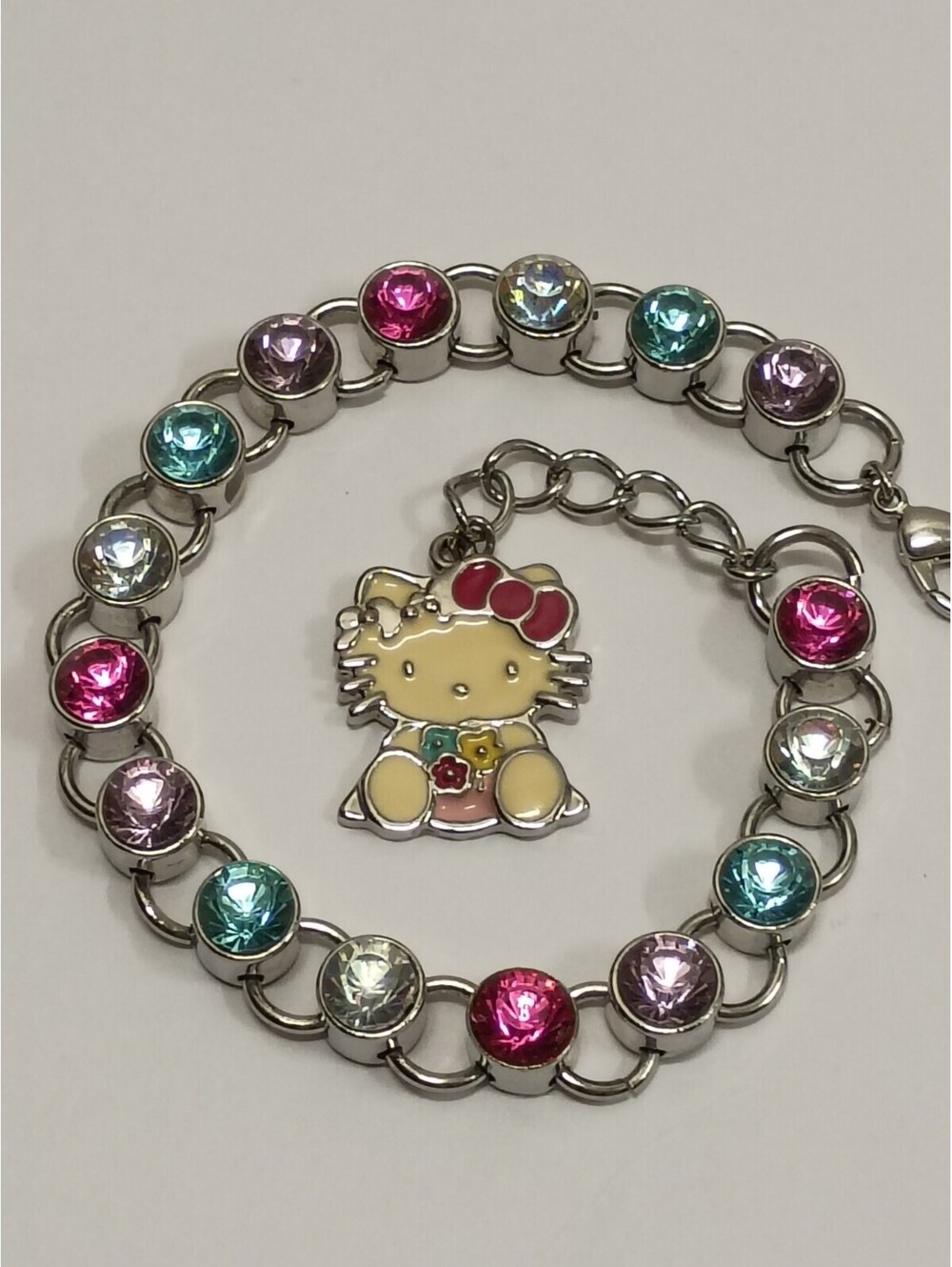 Sanrio Charm Hello Kitty Enamel Rhinestone Charm Link Chain Bracelet 7-8 Inches